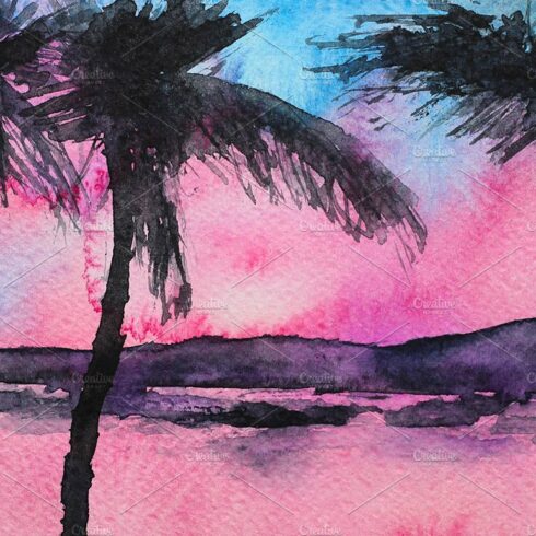 Tropical sunset, watercolor cover image.