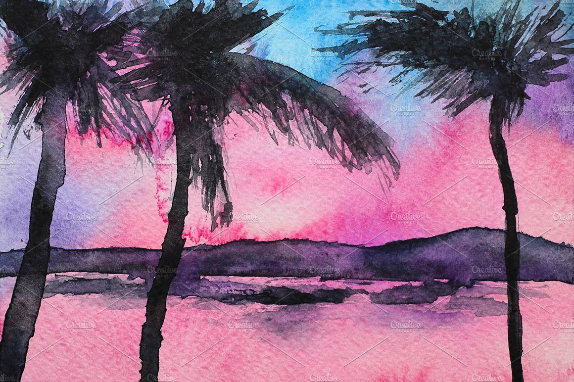 Tropical sunset, watercolor cover image.