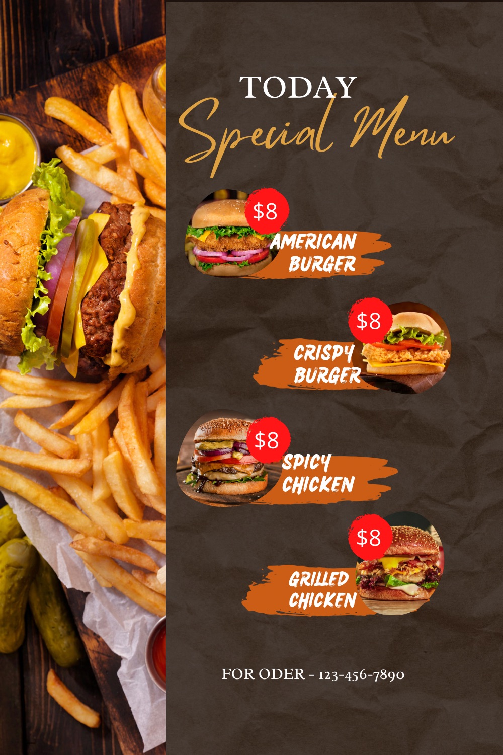 Menu for burger restaurant pinterest preview image.