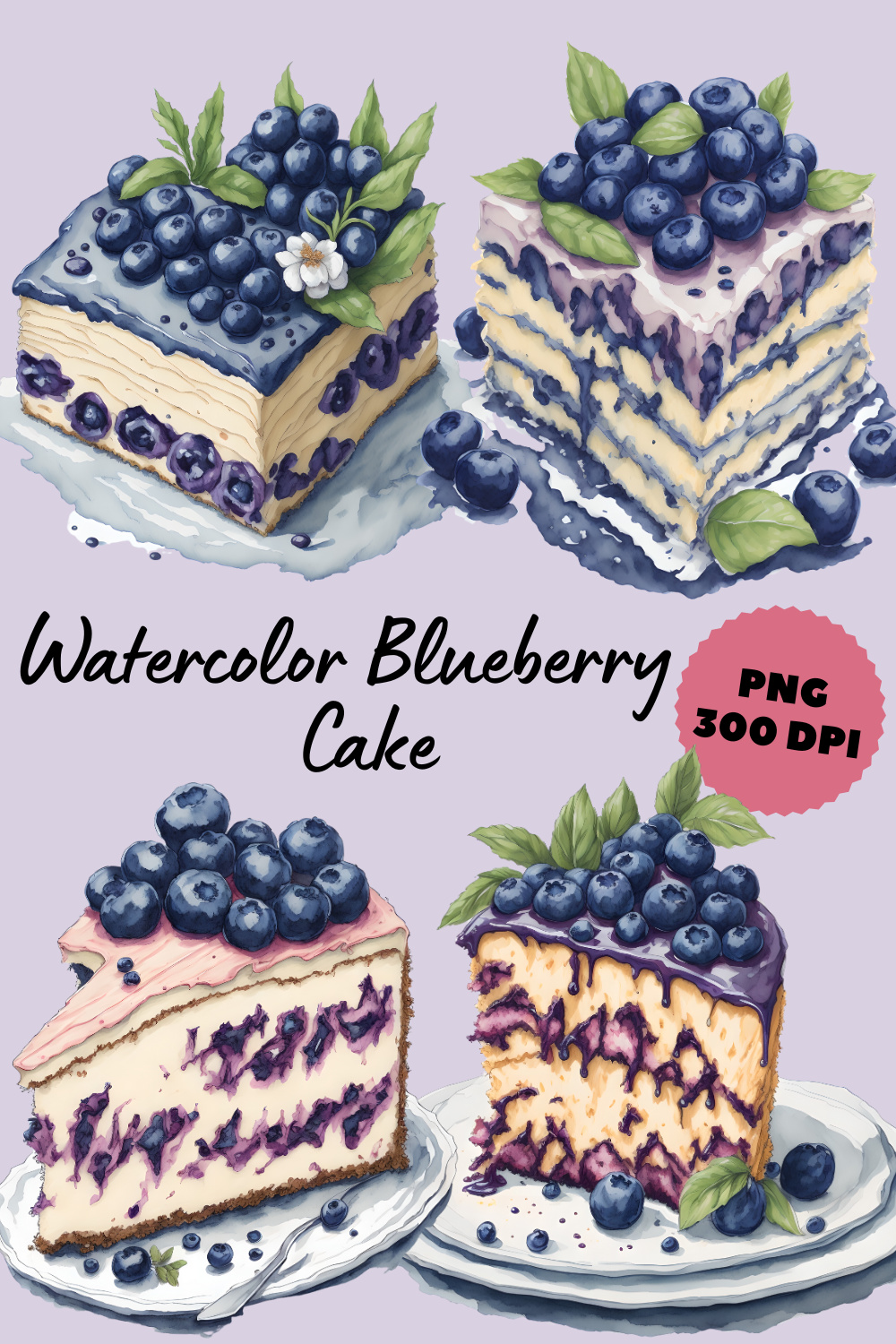 Watercolor Blueberry Cake ClipArt PNG| Digital illustration pinterest preview image.