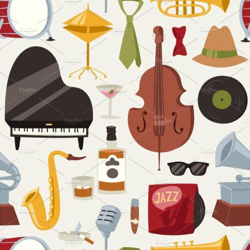 Fashion jazz band music party symbols and musical instrument sound concert ... cover image.