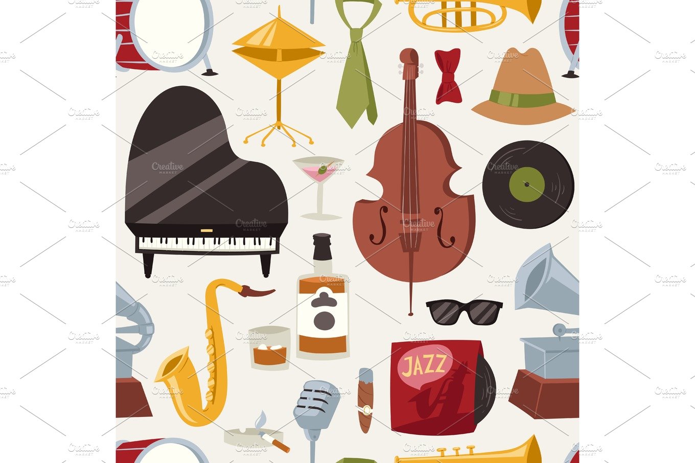 Fashion jazz band music party symbols and musical instrument sound concert ... cover image.