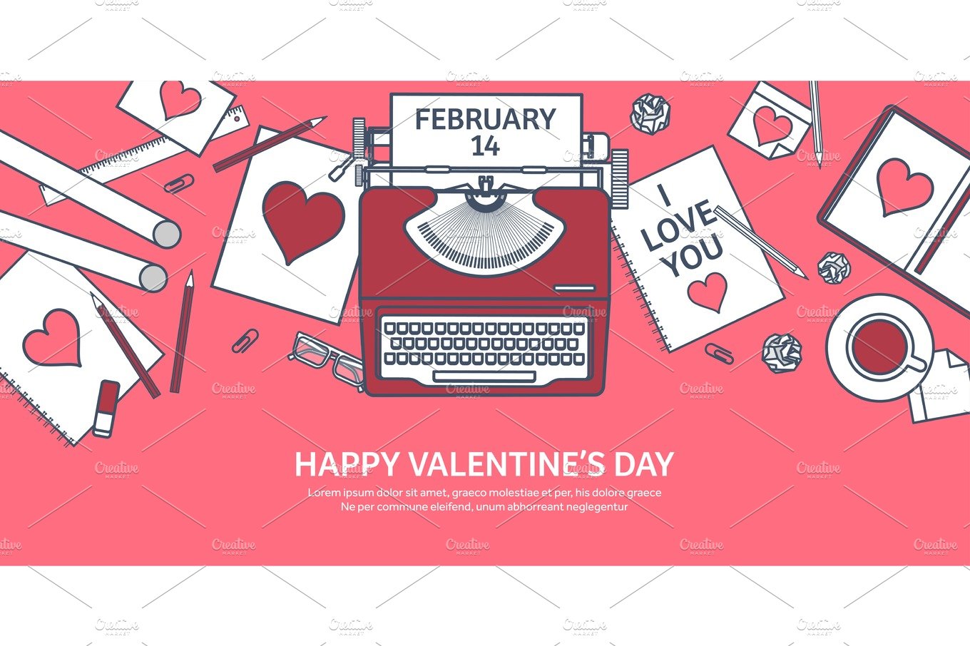 Love and heart. Lined vector illustration. Flat background with typewriter.... cover image.