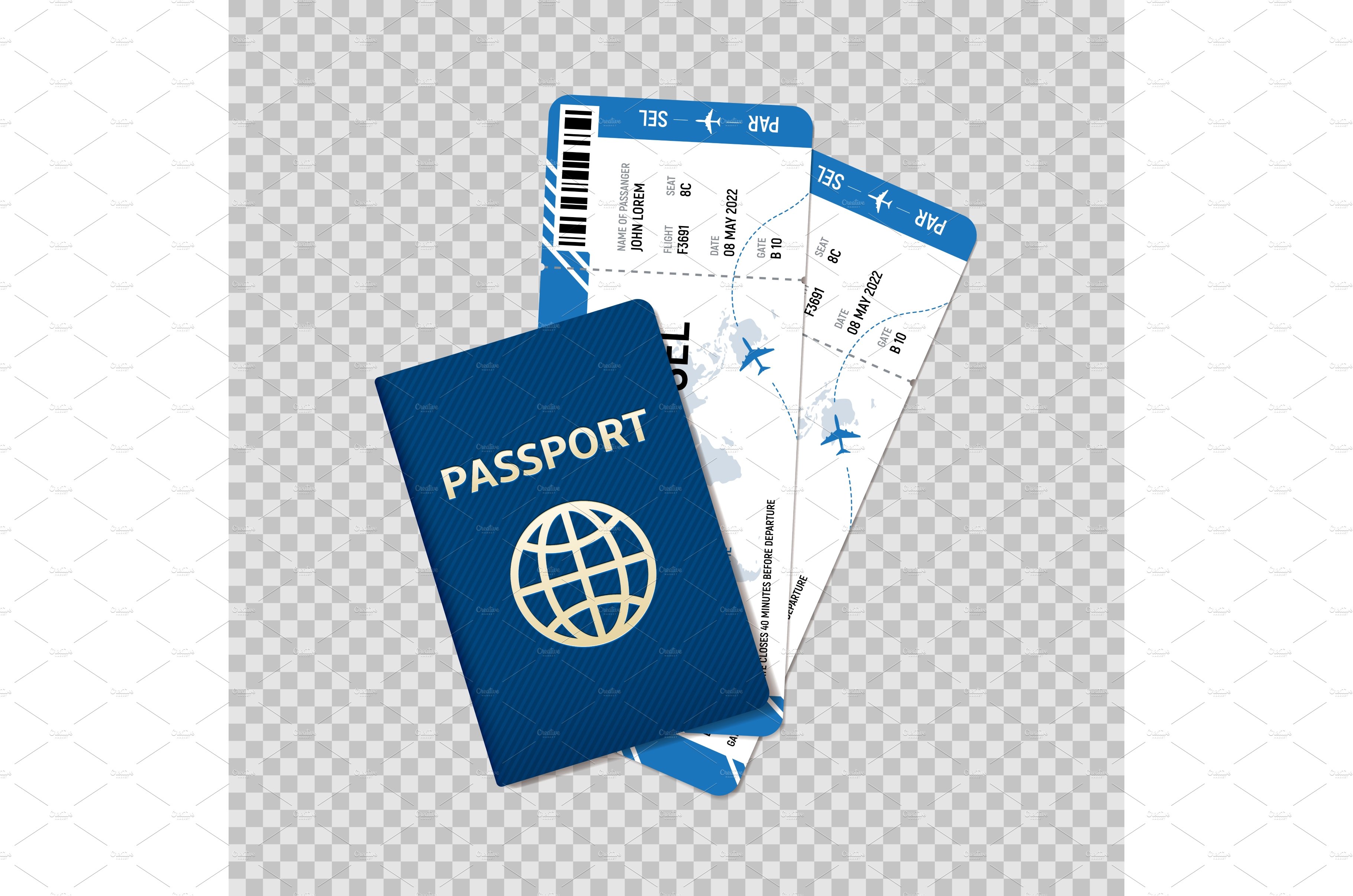 Passport and tickets on plane cover image.
