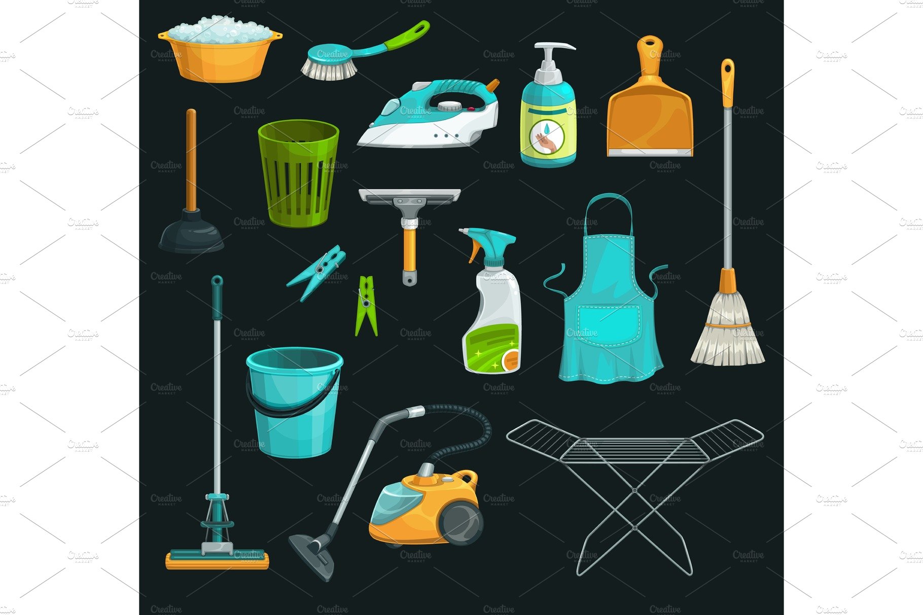 Bucket, soap, mop, broom cover image.