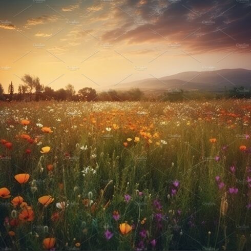 Amazing sunset over a beautiful landscape covered of flowers. Generative AI cover image.