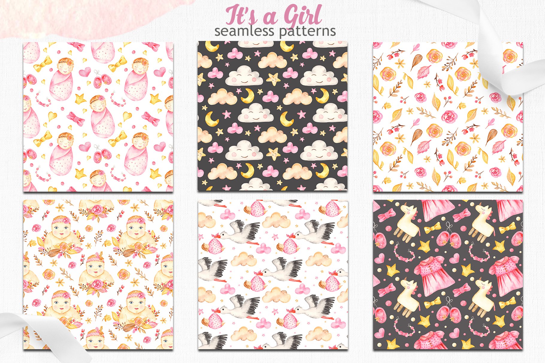 its a girl watercolor collection seamless patterns 89