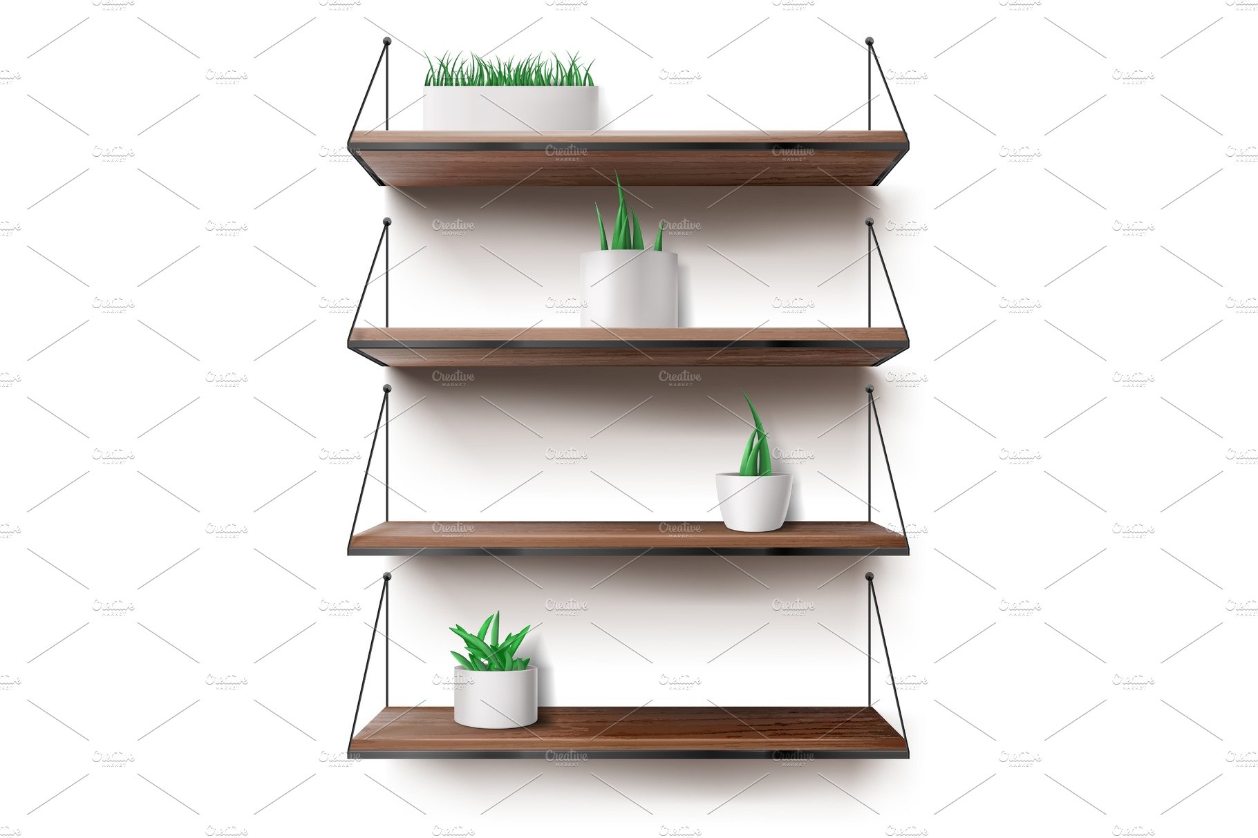 Wooden shelves hanging on ropes with cover image.