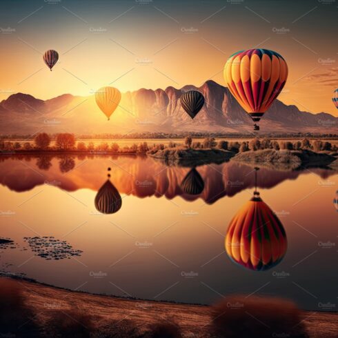 Hot Air Balloons Festival Flying Over a beautiful lake. Generati cover image.