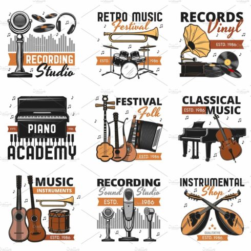 Music instruments, vinyl records cover image.