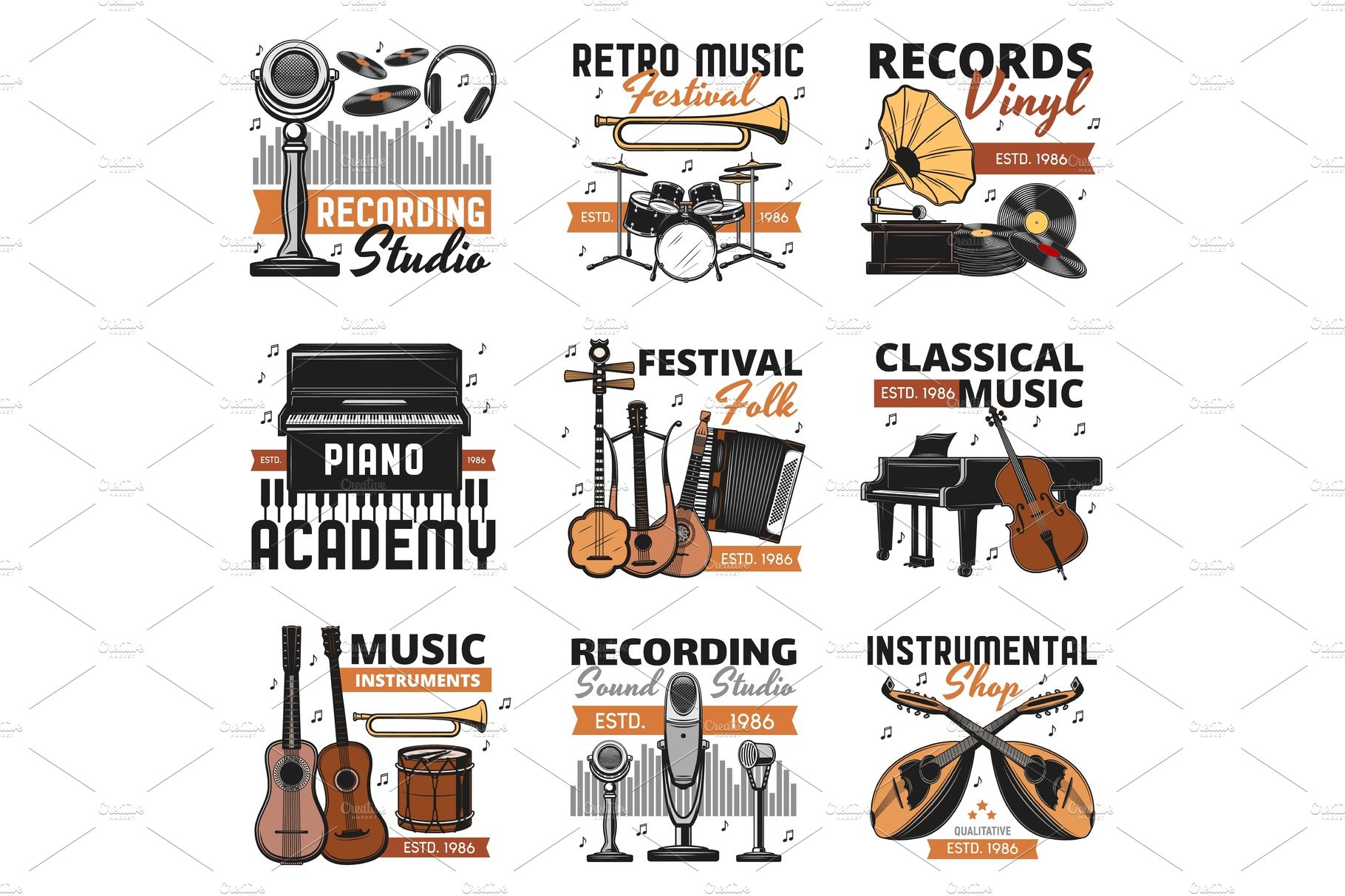 Music instruments, vinyl records cover image.