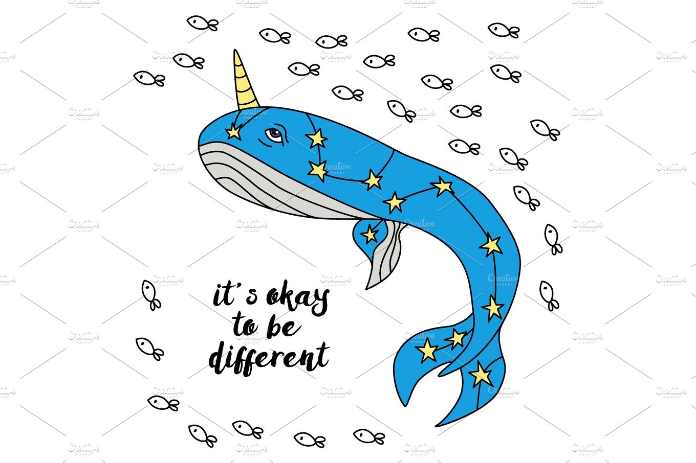 Cute hand drawn cartoon character of narwhal whale with motivation lettering cover image.
