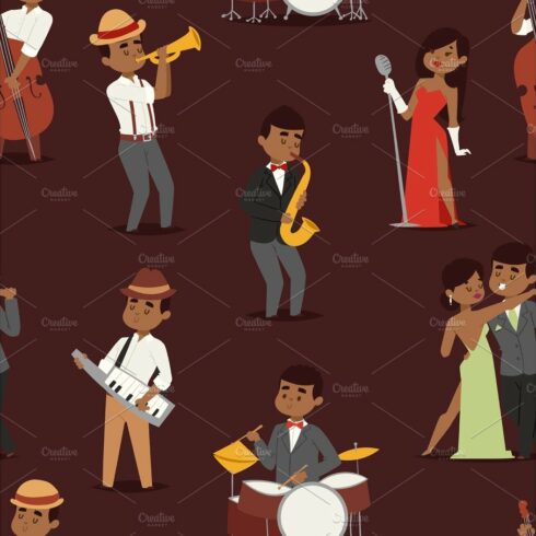 Jazz music seamless pattern group of creative young people playing on instr... cover image.