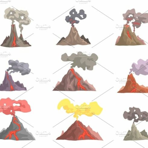 Volcano eruption set, volcanic magma blowing up, lava flowing down cartoon ... cover image.