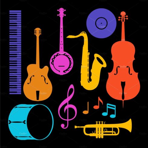 Set of musical instruments. Jazz, blues and classical music cover image.