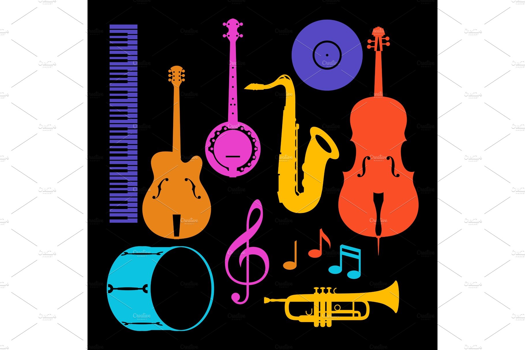 Set of musical instruments. Jazz, blues and classical music cover image.