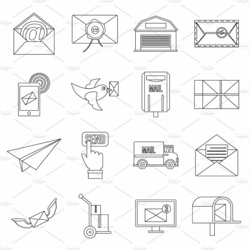 Poste service icons set, flat style cover image.