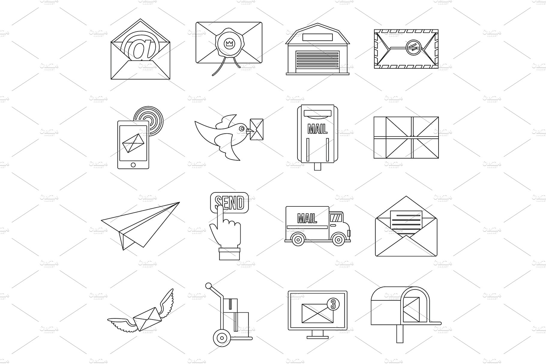 Poste service icons set, flat style cover image.