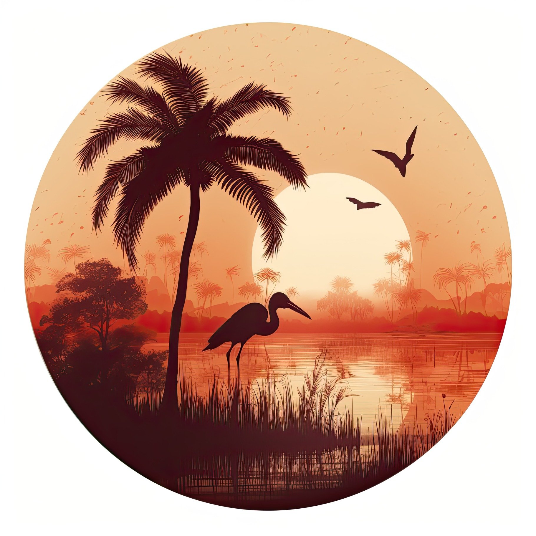 Orange sunset landscape in a circle. Evening on the beach with palm trees. ... cover image.