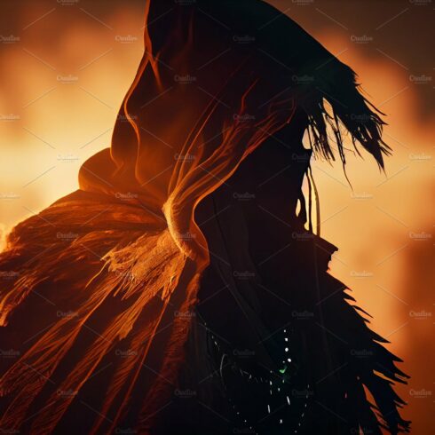 Dark pagan shaman fantasy sunset silhouette cover image.