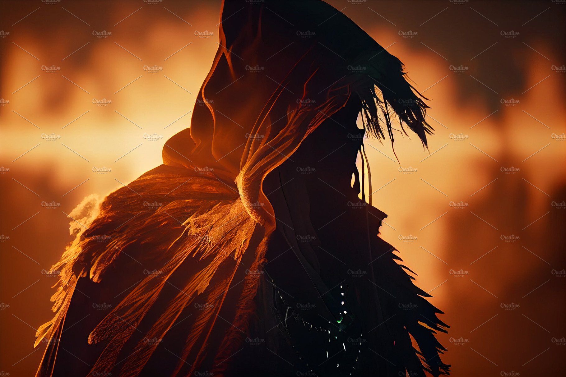 Dark pagan shaman fantasy sunset silhouette cover image.