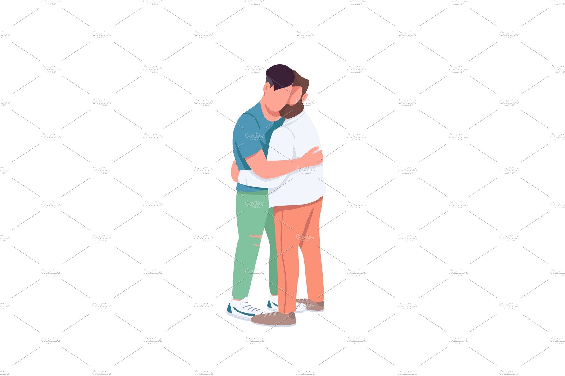 Men hugging flat vector characters cover image.