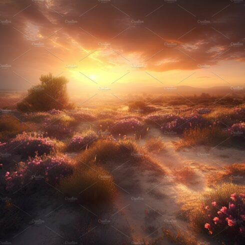 Amazing sunset over a beautiful landscape covered of flowers. Generative AI cover image.