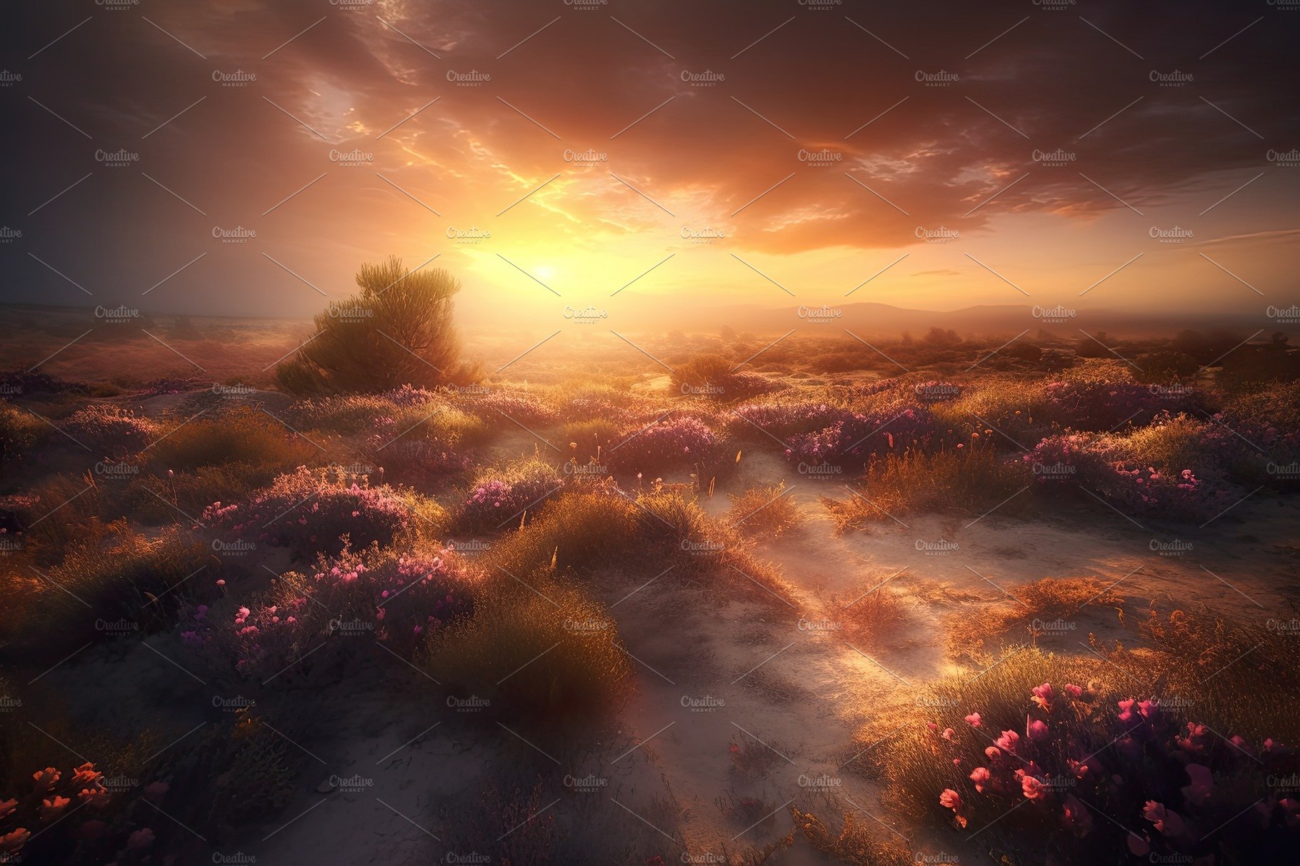 Amazing sunset over a beautiful landscape covered of flowers. Generative AI cover image.