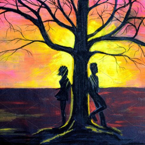 Love couple near a tree at sunset. cover image.