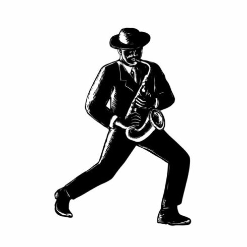Jazz Musician Playing Sax Woodcut cover image.