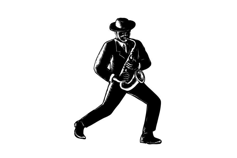 Jazz Musician Playing Sax Woodcut cover image.