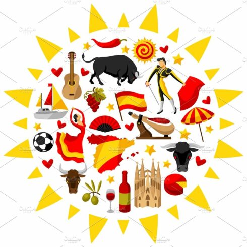 Spain background in shape of sun. Spanish traditional symbols and objects cover image.