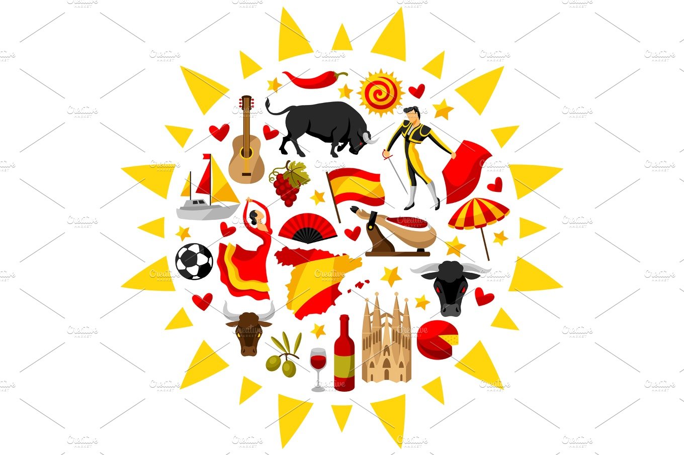 Spain background in shape of sun. Spanish traditional symbols and objects cover image.