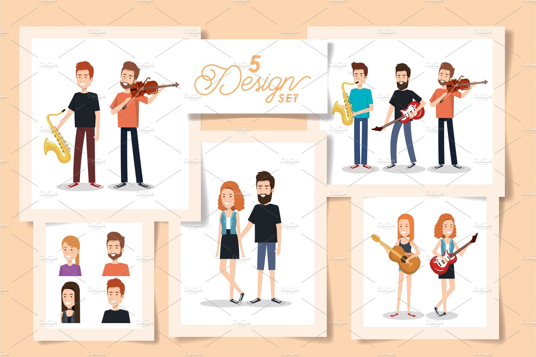 five designs of young people with cover image.