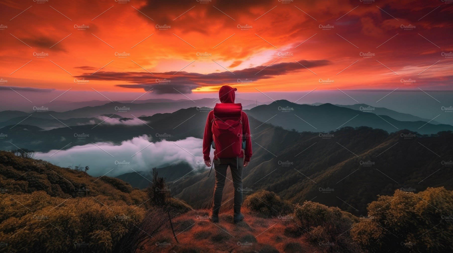 The man atop the red mountain gazed at the setting sun and orang cover image.