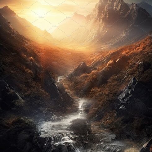 Beautiful vertical landscape with tall mountains, waterfall and a river. Ge... cover image.