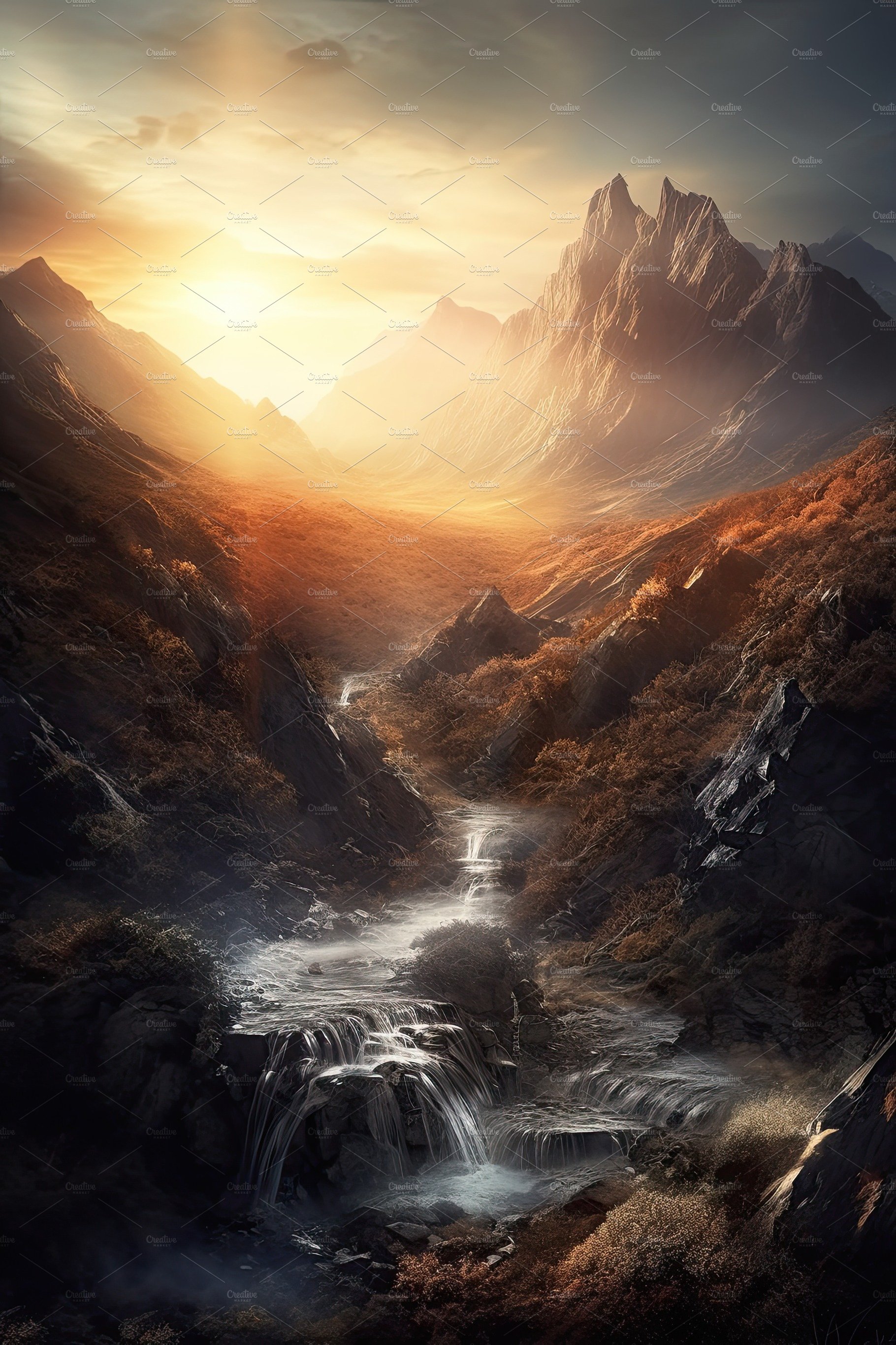 Beautiful vertical landscape with tall mountains, waterfall and a river. Ge... cover image.