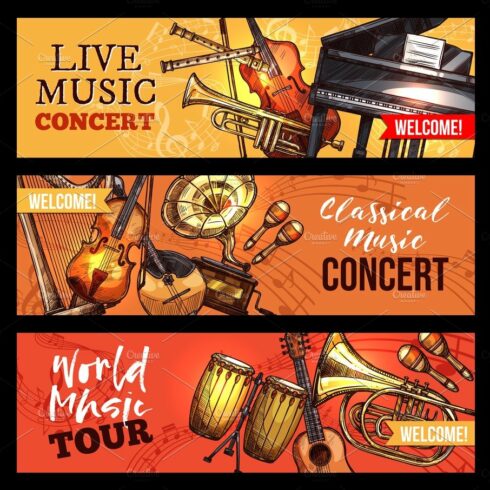 Vector music concert banners sketch instruments cover image.