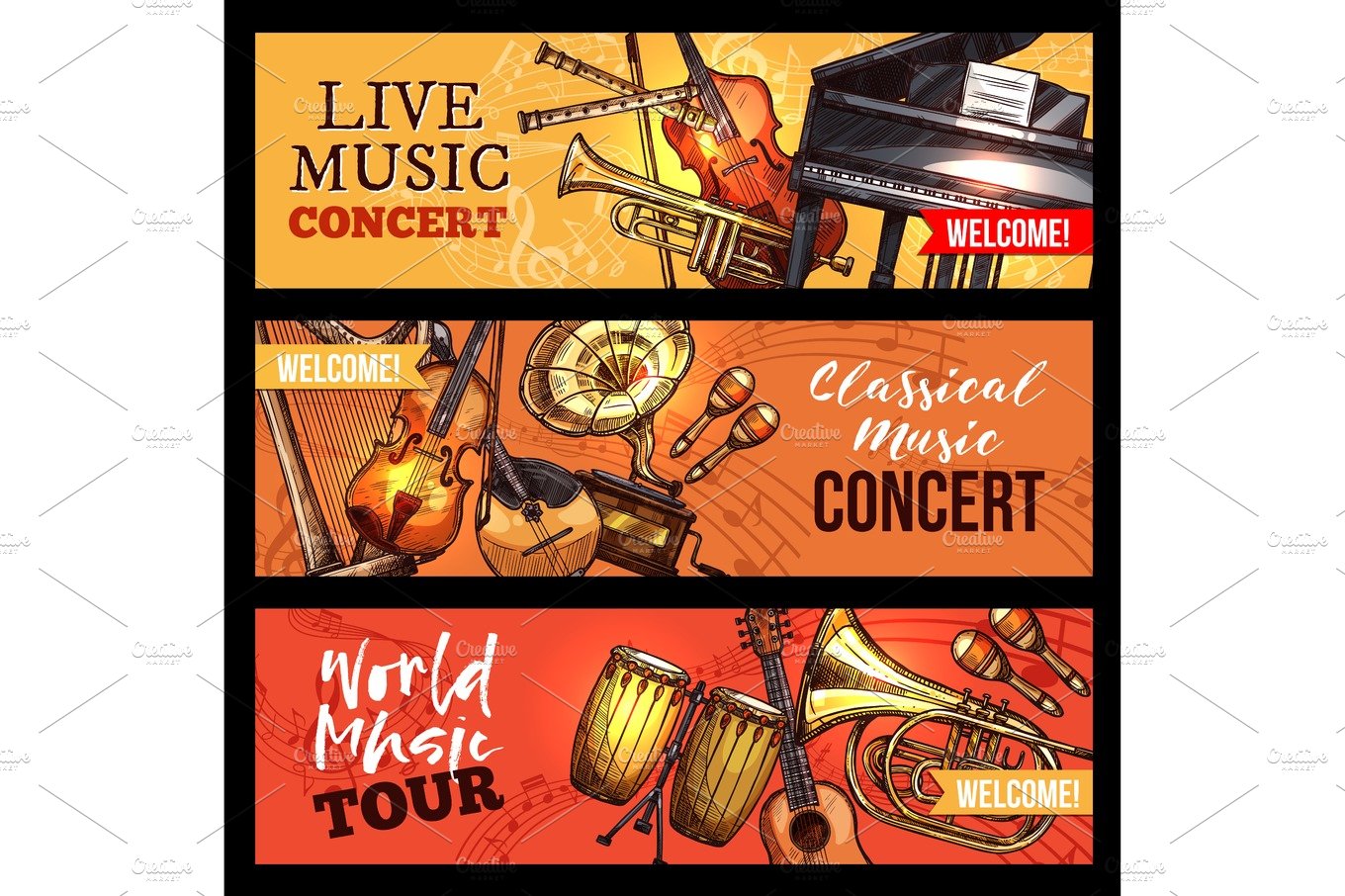 Vector music concert banners sketch instruments cover image.