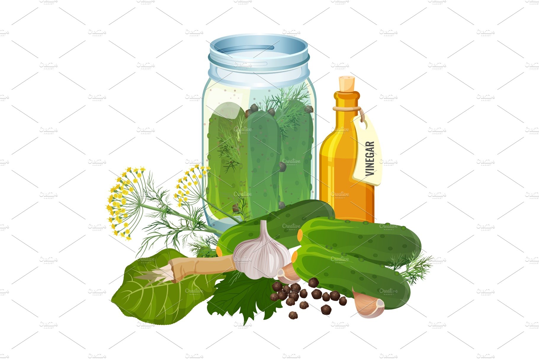 Jar with cucumbers and ingredients for pickles preparation cover image.