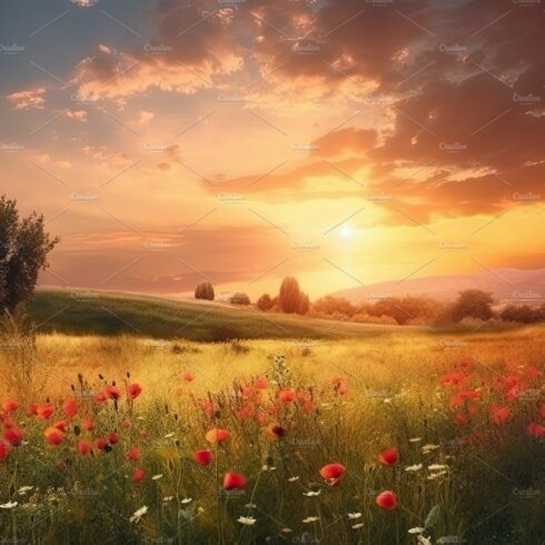 Amazing sunset over a beautiful landscape covered of flowers. Generative AI cover image.