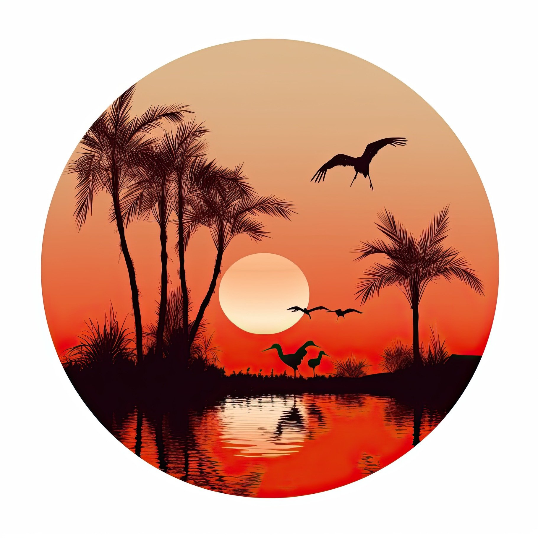 Orange sunset landscape in a circle. Evening on the beach with palm trees. ... cover image.