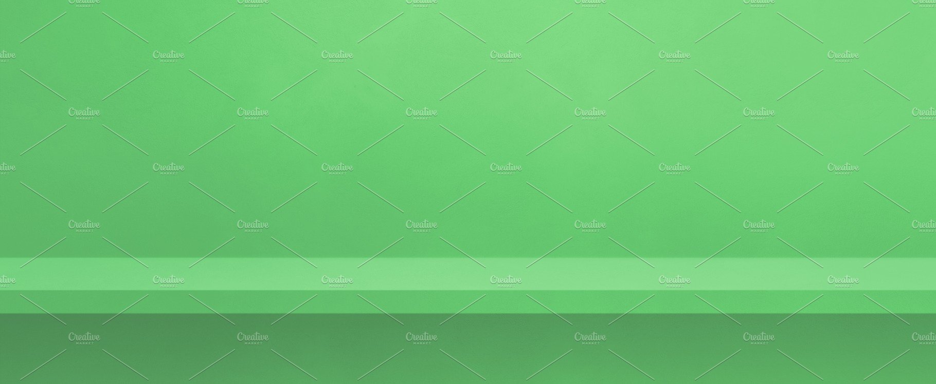 Empty shelf on a green wall. Background template. Horizontal ban cover image.