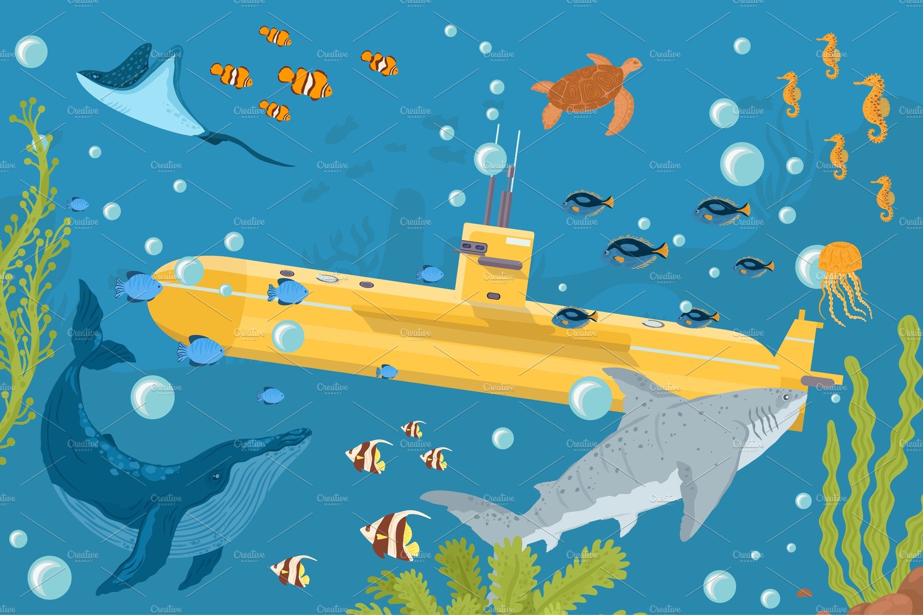 Yellow submarine undersea boat with cover image.