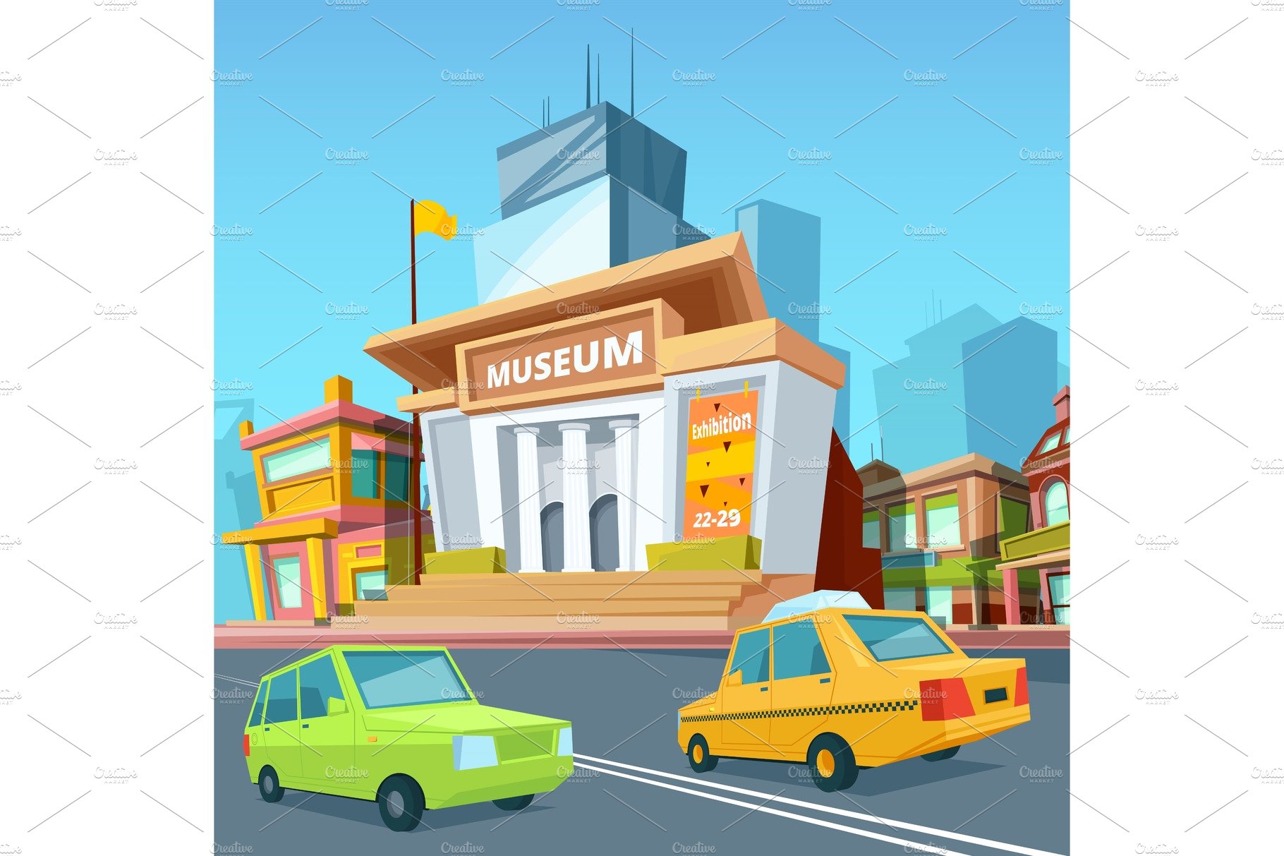 Urban landscape with various buildings and facade of historical museum cover image.