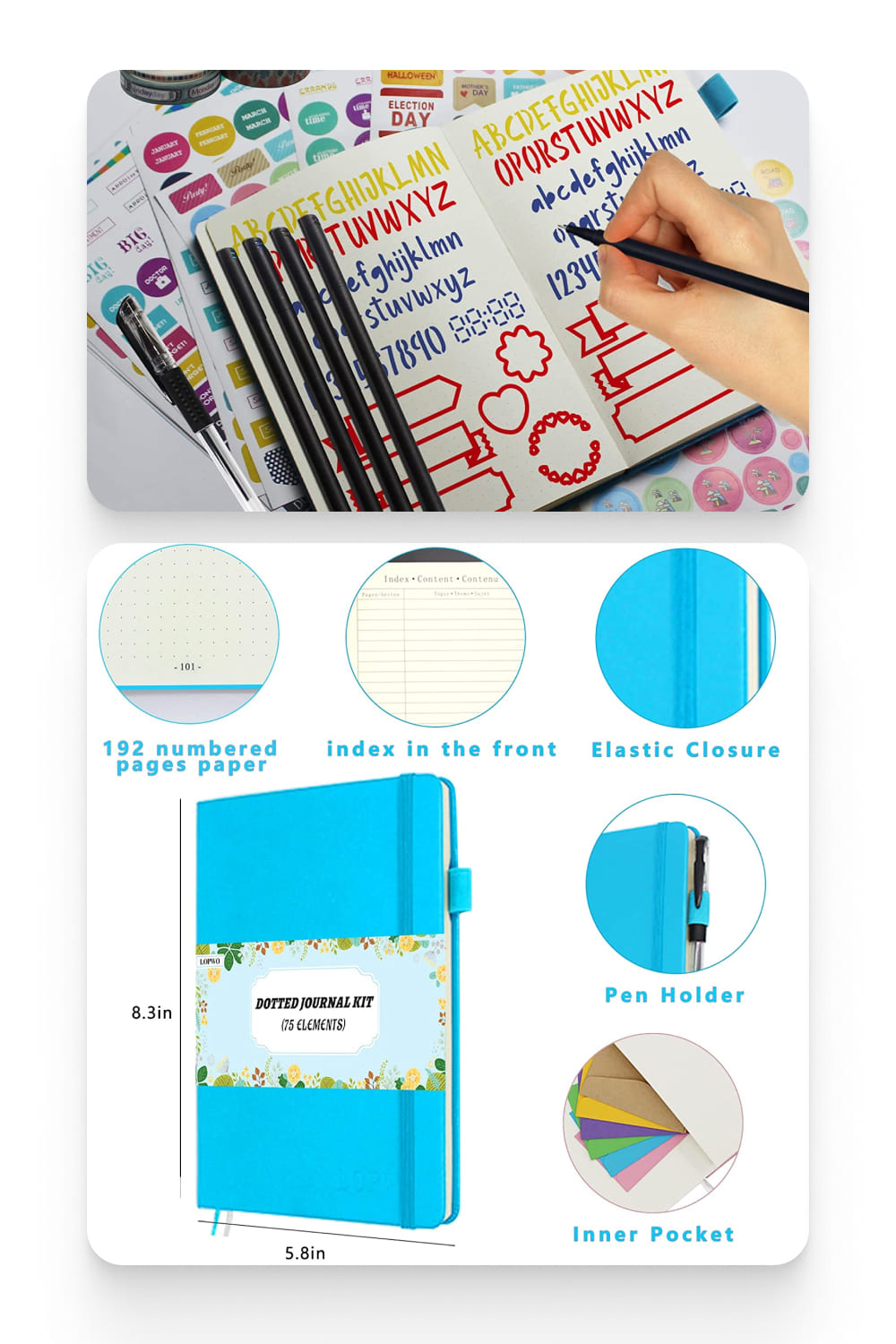 A collage of images of a blue notebook and graphics in it.