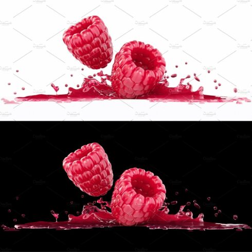 Raspberry berries in splash of juice cover image.