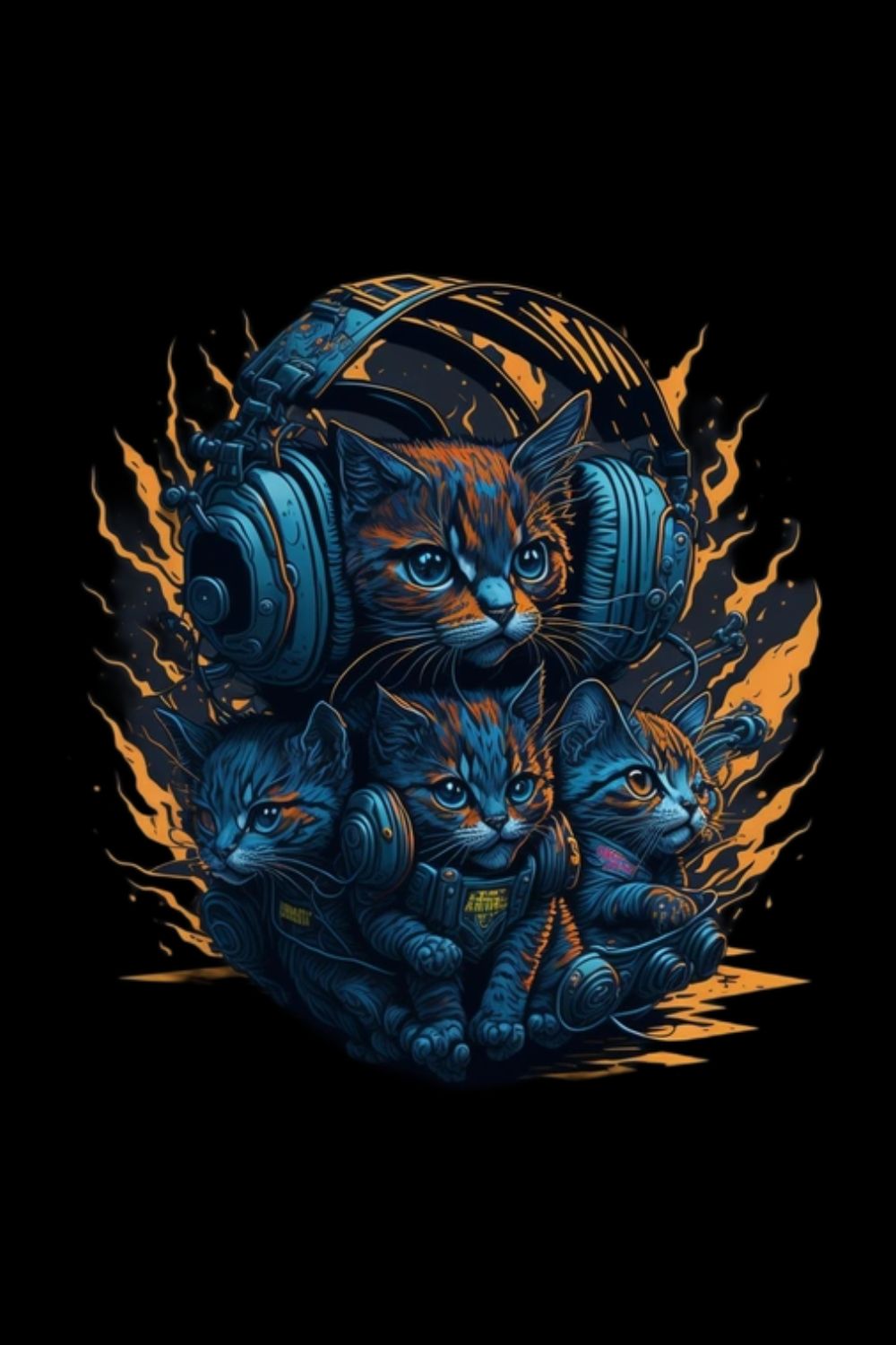 Cats wearing headphones playing TNT design pinterest preview image.