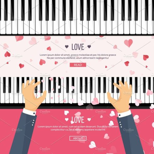 Vector illustration. Musical flat background with hearts. Love. Piano key, ... cover image.
