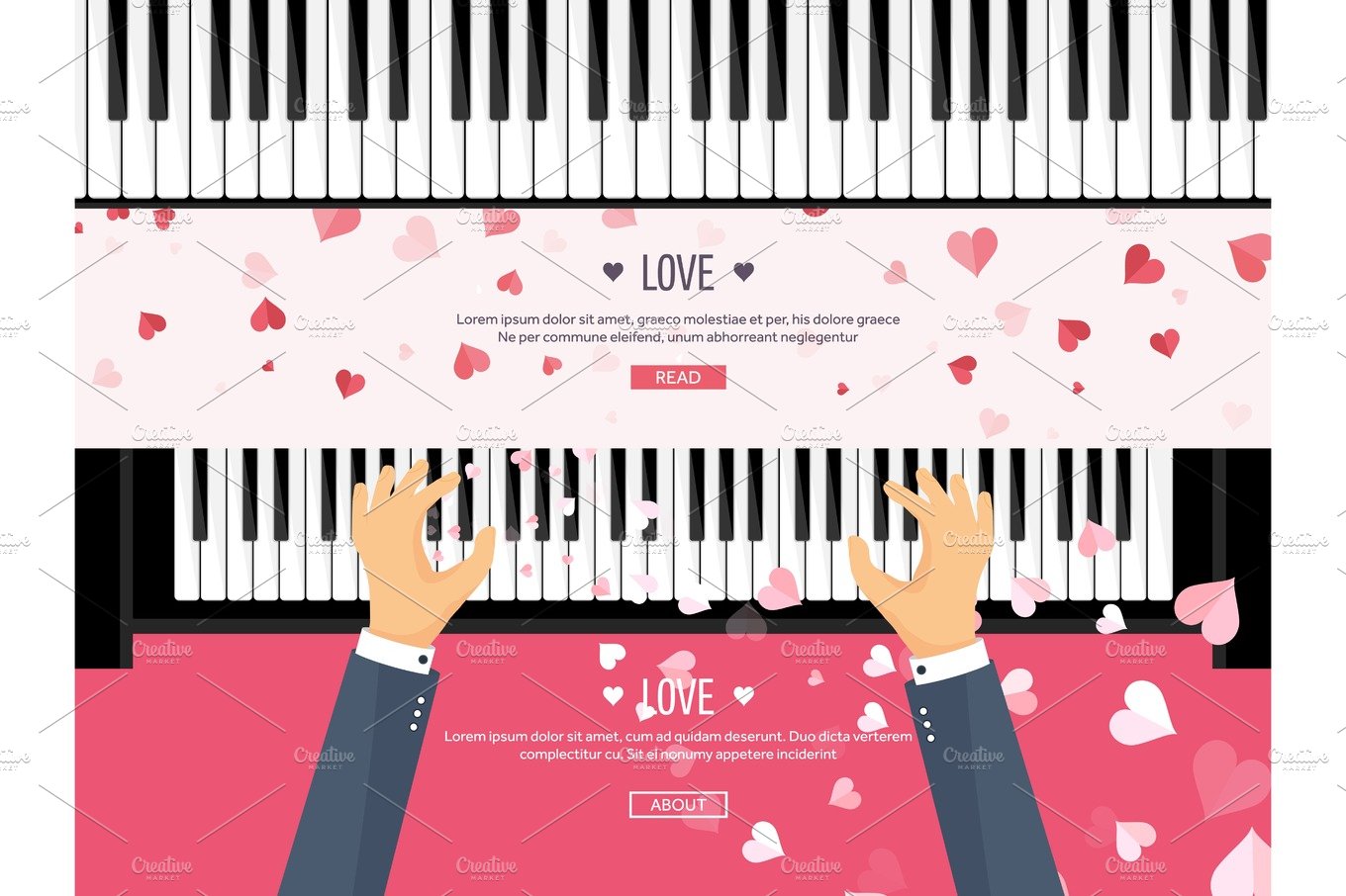 Vector illustration. Musical flat background with hearts. Love. Piano key, ... cover image.